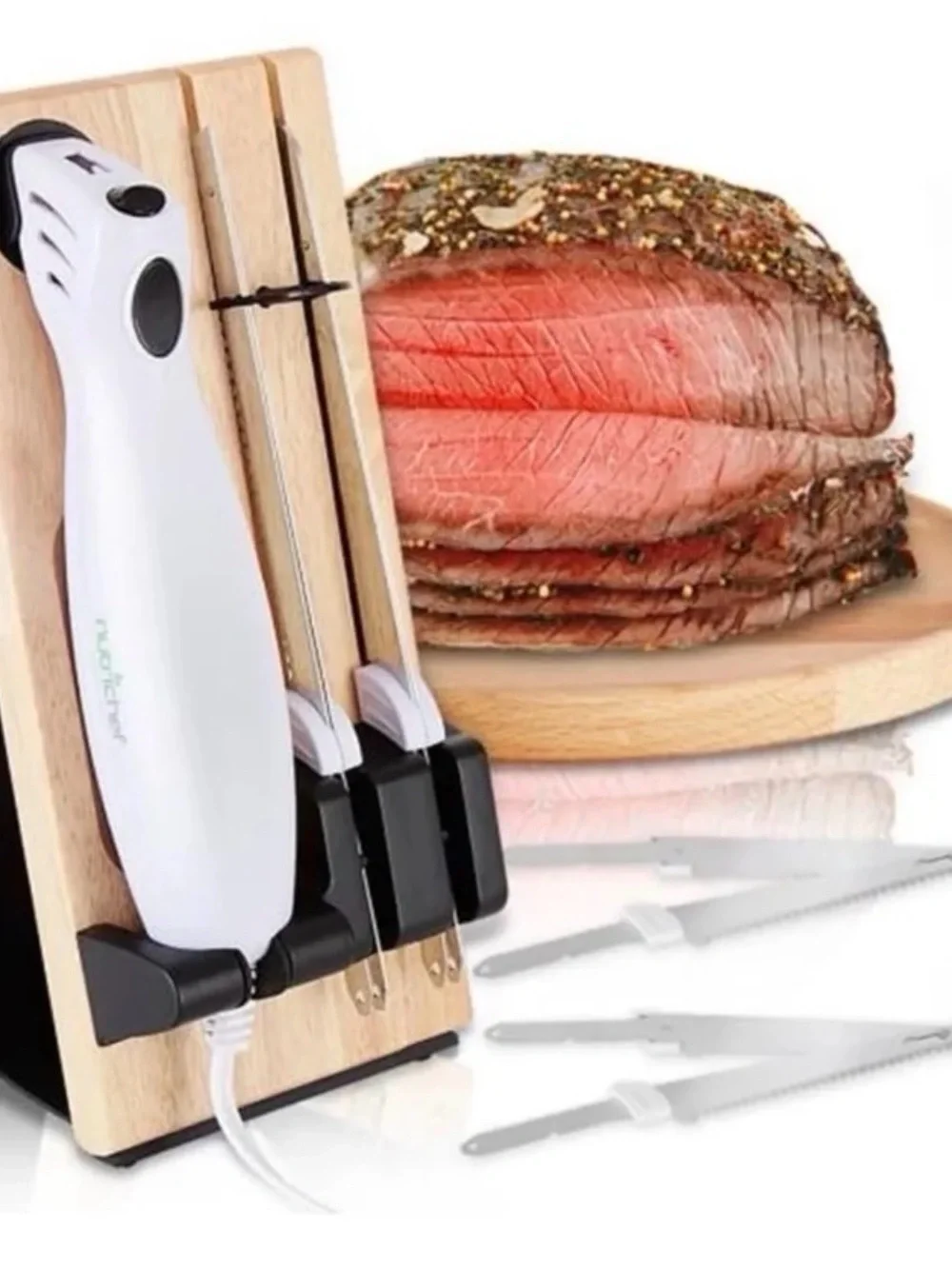 Nutrichef Electric Carving Knife Set with Wooden Block - White
